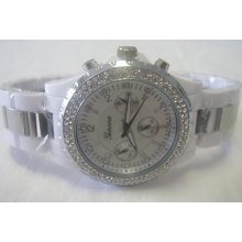 Ladies Geneva Chronograph Watch, Silvertone & Gemstone Bezel + Fossil Tin