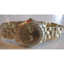 Ladies Geneva Goldtone Band And Gemstone Bezel Watch