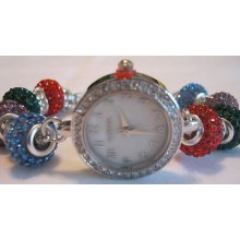 Ladies Geneva Watch- Red, Green, Pink, And Blue Crystal Beads, Faux Mop Dial