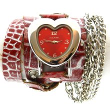 Ladies Heart Shaped Multi Chain & Leather Wrap Watch - Red with Silver Tone - Silver - Stainless Steel - Adjustable