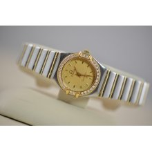 Ladies Omega Constellation Diamond Bezel Swiss Quartz Two Tone Champagne Dial