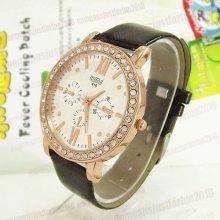 Ladies Rhinestones Quartz Round Black Leather Wristband Analog Wrist Watch M636b