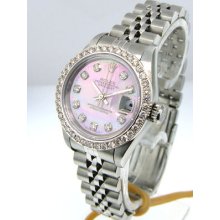 Ladies Rolex Steel Datejust Pink Mop Diamond Dial Bezel