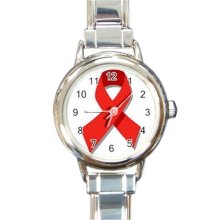 Ladies Round Italian Charm Bracelet Watch Red Awareness Ribbon AIDS 14562470