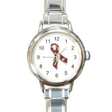 Ladies Round Italian Charm Bracelet Watch Autism Awareness Ribbon Gift 34789587