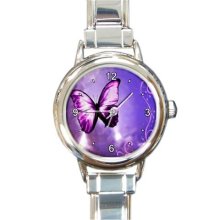 Ladies Round Italian Charm Watch Purple Butterfly Fly Gift model 26025266