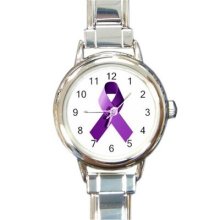 Ladies Round Italian Charm Bracelet Watch Purple Awareness Ribbon model 33270506