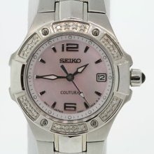 Ladies Seiko Coutura Pink Mother Of Pearl Dial Diamond Bezel St. Steel Watch
