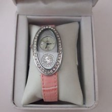 Ladies Watch Oval Face Diamantes Around Pink Strap