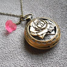Large Rose Pocket Watch,bronze Flower rose with pink rose Pocket Watch Victorian Style Birthday Gift--for Mother Gift
