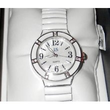 Laura Scott Women's White Stretch Mother Of Pearl Face Watch W/crystal Accents