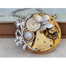 LOVE TAKES TIME steampunk antique Waltham year 1899 pocket watch movement necklace with Iris and genuine moonstone