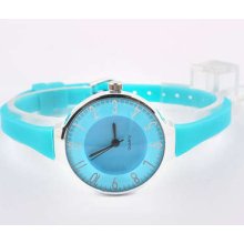 Lovely Blue Ladies Round Thin Pu Band Sports Watch Nk34