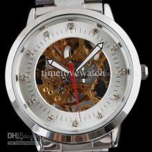 Low Price 5pcs Silver And Golden Skeleton Dial Crystal Mechanical Wa