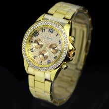 Luxury 108 Bling Crystal Stainless Steel Gold Silver Mens Lady Women Wrist Watch