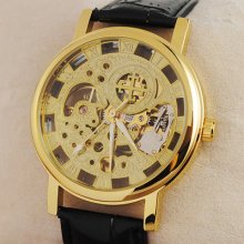 Luxury Golden Handwind Mechanical Mens Wristwatch Skeleton See Through Pu Leathe