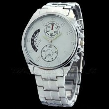 Luxury Men Gentlemen Quartz Wrist Watch Watches Silver Color Band White Dial