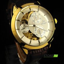 Luxury Mens Golden Hollow Skeleton Automatic Mechanical Wrist Watch Gift