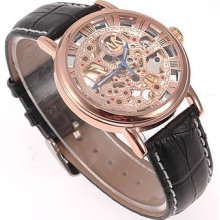 Luxury Skeleton Rose Golden Vintage Style Ak-homme Mens Leather Mechanical Watch