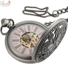 Mechanical Hand-wind Full Hunter Copper Antique Pocket Watch Case Long Chain 15