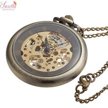 Mechanical Hand-wind Open Face Copper Antique Vintage Pocket Watch Long Chain 10