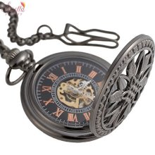Mechanical Hand-winding Full Hunter Copper Antique Pocket Watch Case Long Chain