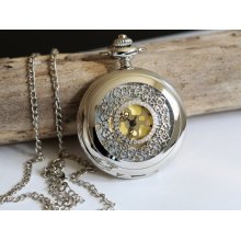 Mechanical Pocket Watch Necklace,Steampunk Pocket Watch,Pocket Watch Chain,Groom Gift,Groomsmen Gift