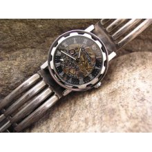 Mechanical Skeleton Automatic Silver Tone Watch Auto