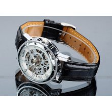 Mechanical Watch, Men's wristwatches, Steampunk golden Partially Transparent Hollow Dial PU black Leather Band Hand-winding Mechanical Watch