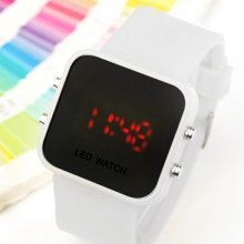 Men Lady Mirror Led Date Day Silicone Strap Band Digital Watch Gift White Color