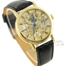 Mens Blue Hand Wind Wrist Watch W/gold Steel Carved Pattern Dial Skeleton Gift