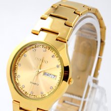 Mens Deluxe Gold Stainless Steel Quartz Week Day Calendar Water Resistant Watch