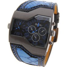 mens new Oulm 2 time zone military watch w/ black&blue face & leather band