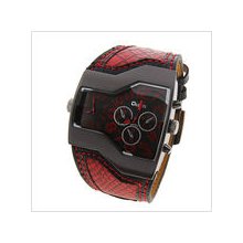 mens new Oulm 2 time zone quartz watch w/black& redw/wide PU leather band