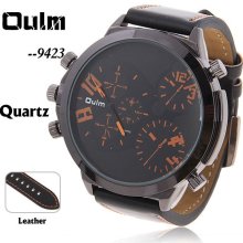 mens new Oulm 3 time zone military watch w/ black&orange face & leather band