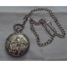 Men's Pocket Watch - Nickel Plated W/chain - Horses - Quartz
