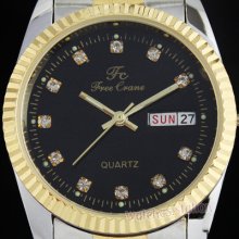 Mens Quartz Rhinestone Black Steel Wrist Watch Week/dat