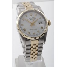 Mens Rolex Datejust 16013 White Roman Dial Fluted Bezel Two Tone Jubilee
