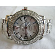 Men's Silvertone & Gemstone Bezel Geneva Bling Rhinestone Hip Hop Watch