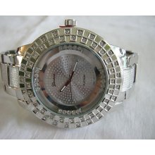 Men's Silvertone Band And Dial Geneva Bling Rhinestone Hip Hop Watch