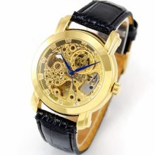 Men's Skeleton Automatic Mechanical Movement Watch Golden Dial Blue 3hands