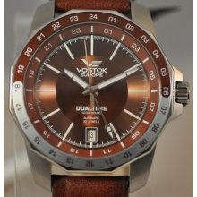 Mens Vostok Europe N1 Rocket Automatic Dual Time Brown Dial Sport Watch
