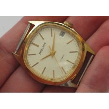 Modern Russian Poljot Watch Small Gilt Case Nice Golden Dial W/ Date Vgc+