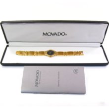 Movado Esperanza Womans Black Dial Gold Tone Mesuem Dial Watch 84.25.811