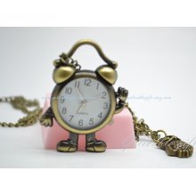 Mr Alarm Clock pocket watch,antique brass Cute alarm clock and owl pendant necklace NWCK01