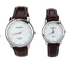 Nary Fashionable Brown Faux Leather Band Couple Watch Quartz White Dial Watch