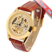 Noble Golden Mens Skeleton Watch Brown Leather Automatic Luxury Gift