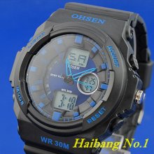 Ohsen Dual Core Time Date Digital El Backlight Mens Rubber Sport Gift Watch