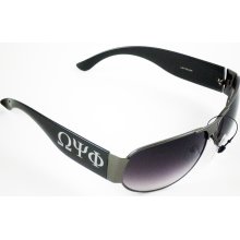 Omega Psi Phi Engraved 3-Letter Aviator Style Mens Sunglasses [Black/S