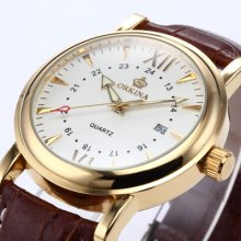 Orkina Gold Case Date Analog Men Sport Wrist Leather Quartz Watch Dailyetrade
